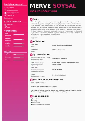 Yabancı Dil Öğretmeni Cv Örnekleri cv indir